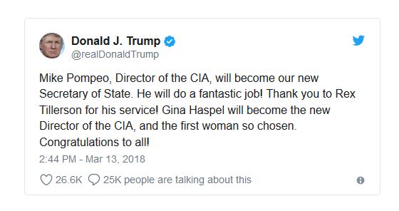 Trump Ousts Tillerson, Assigns CIA Director Pompeo